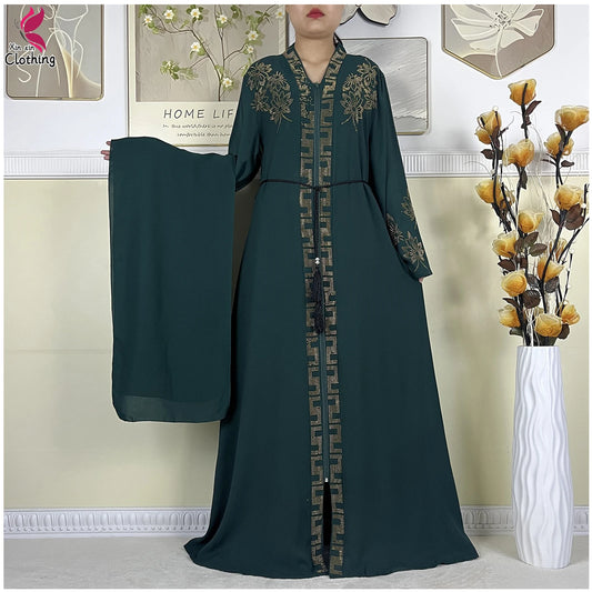 New Muslim Abayas For Women Long Sleeved Dress Dubai Lady Elegant Long Dress Islam Clothing African Abaya Loose Robe With Turban