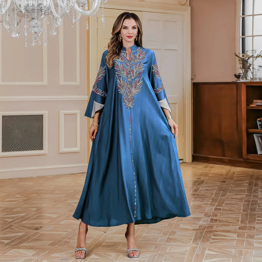 Retro Flower Embroidery Abaya Muslim Beads Dress Women Folding Split Sleeves Jalabiya Loose Robe Islamic Kaftan Ramadan Gown